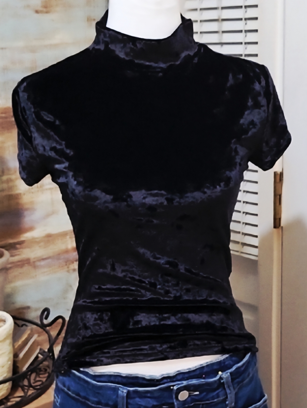 A New Day Black Velvet Mock Neck Top Womens XS Short Sleeve, Whimsigoth, Vamp